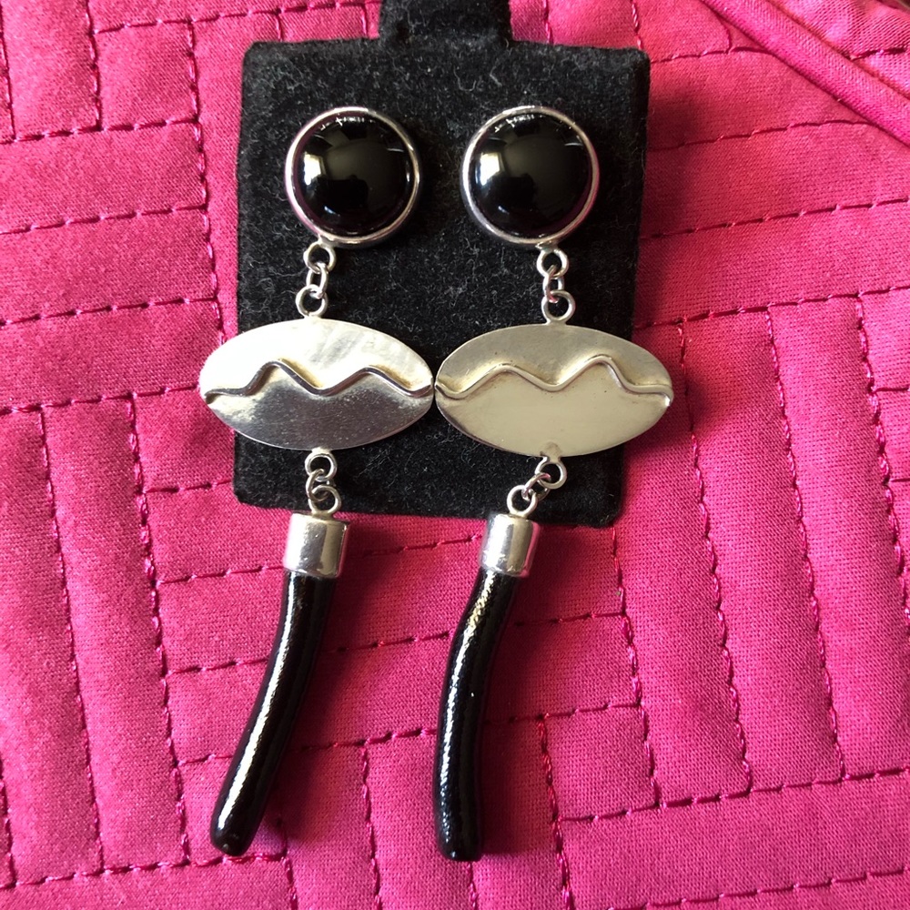 Sterling silver, black coral, and onyx hanging earrings